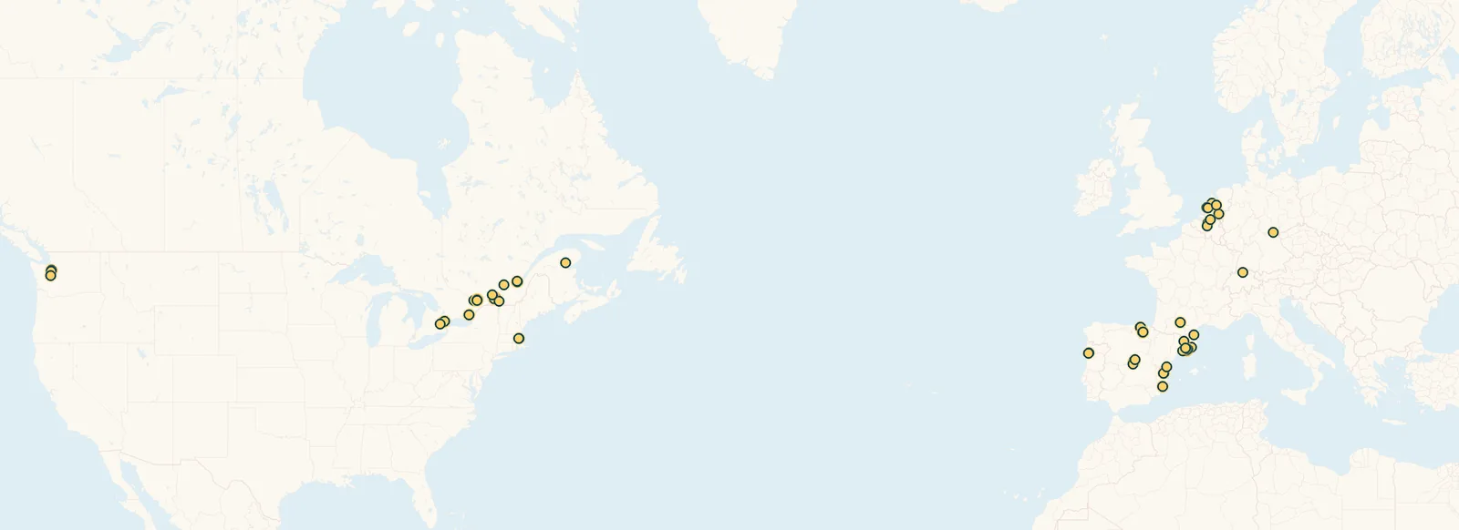 Map of North America and Europe with a gold pin on every escape room we've played